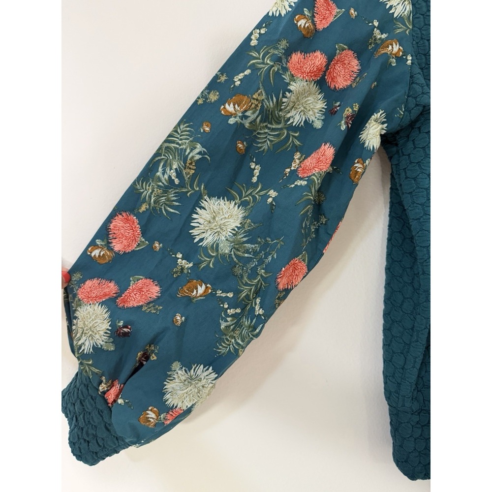 Anthropologie Porridge textured top floral-printed puff sleeves Boho Teal 1X - Picture 4 of 10